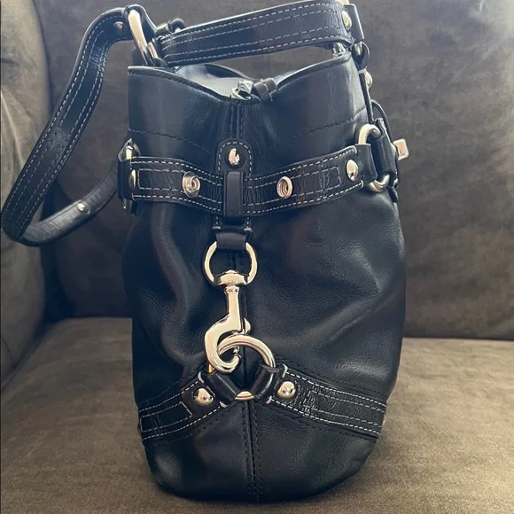 Coach Black Leather Shoulder Bag with Silver Accents
